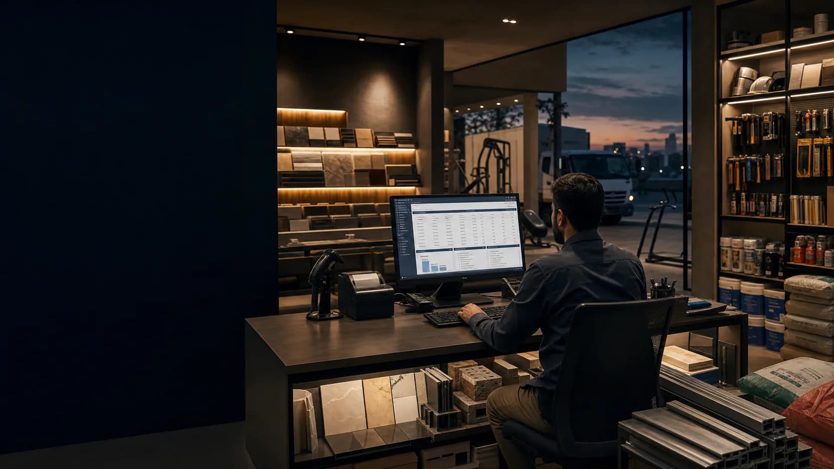 Conceptual view of a business billing workstation connected to retail, construction supply, fitness and logistics operations